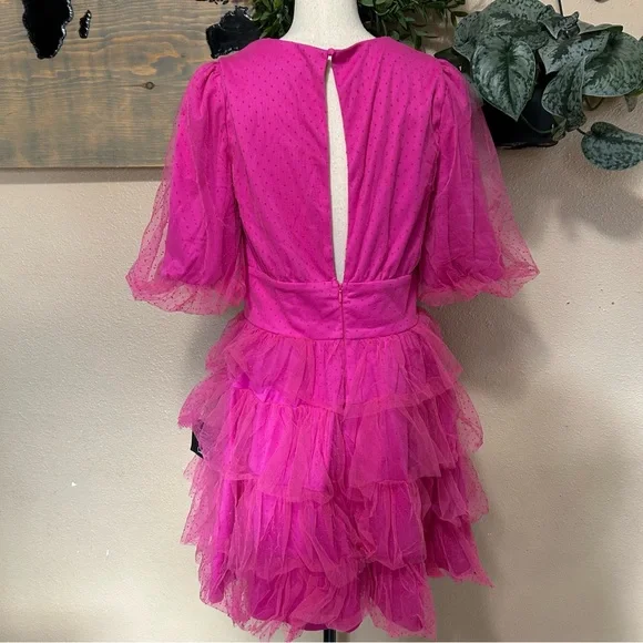Lulus Dramatic Poise Hot Pink Dot Tulle Puff Sleeve Tiered Mini Dress - Picture 5 of 9